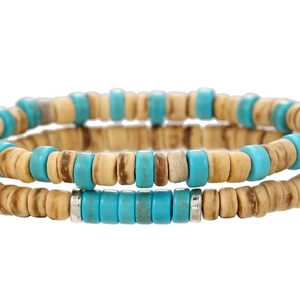 Bohemian multilayer wooden and turquoise beaded bracelet set with silver spacers