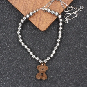 Fashion Stainless Steel Cartoon Bear Pendant Bracelet For Women Light Luxury Versatile Adjustable Round Bead Chain Rhinestone Jewelry Gift