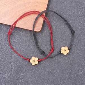 Handmade Peachwood Carved Plum Blossom Flower Braided Rope Bracelet For Women Men Adjustable Natural Ethnic Lucky Cord Bracelet Jewelry