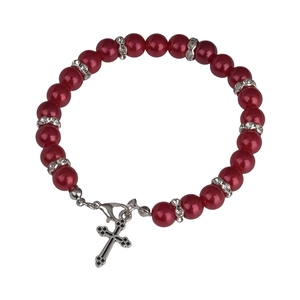 Bracelet de perles rouge foncé avec pendentif croix en argent et perles à strass cristallin