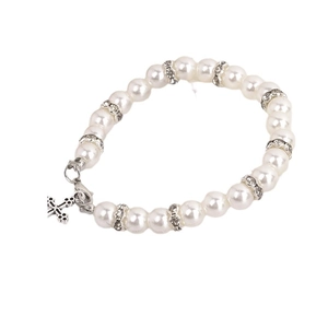 Bracelet élégant en perles avec intercalaires en diamant et pendentif croix vintage