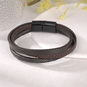 Men's multilayer braided leather bracelet with square black magnetic alloy clasp