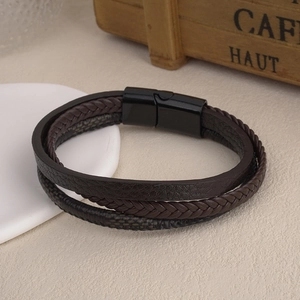 Men Multi-layer Braided Leather Bracelet Alloy Magnetic Clasp Punk Geometric Wrap Bangle Urban Casual Jewelry Gift For Unisex