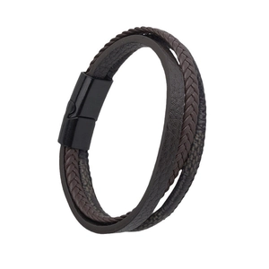 Multilayer braided leather bracelet for men with matte black magnetic clasp on white background