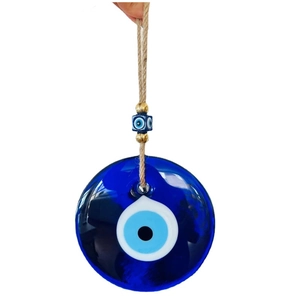 Blue glass Evil Eye hanging ornament with golden beads and jute rope for wall or car decor