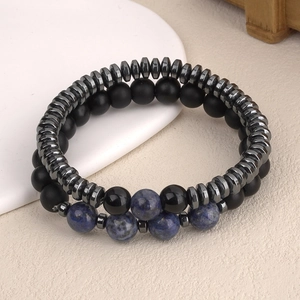 Men's double layered bracelet set with matte black beads and blue natural map stone beads
