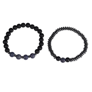 Detail view of two-piece beaded bracelet set with matte black and blue marble stones