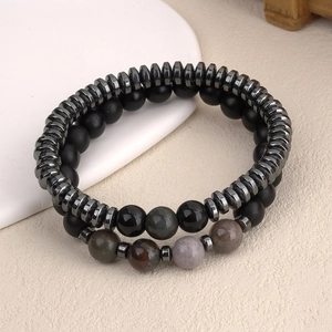 Men Retro Alloy Beaded Bracelet Set Natural Stone Hematite Map Stone Tiger Eye Lapis Lazuli Elastic Bracelet Jewelry