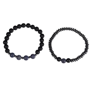 Men's beaded bracelet set with matte black agate, blue map stone and hematite beads