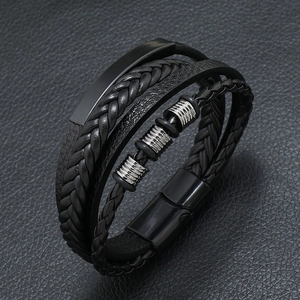 Men's multi-layer black braided leather bracelet with matte black magnetic clasp