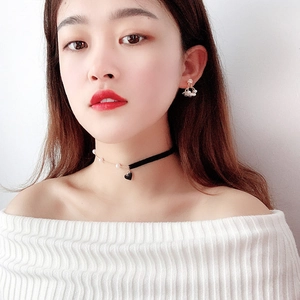 Elegant pearl choker necklace with red heart pendant and matching pearl cluster earrings