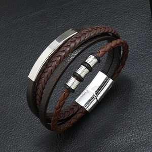 Men's multilayer braided brown leather bracelet with silver magnetic clasp and metal beads
