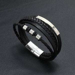 Men's multi-layer black leather bracelet with silver magnetic clasp and woven design