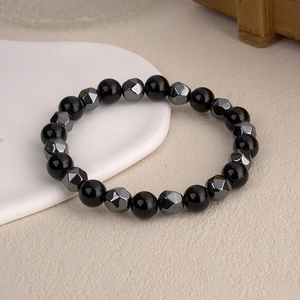 Natural tiger eye and faceted hematite stone beaded bracelet with minimalist design