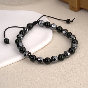 Natural tiger eye and faceted hematite beaded bracelet with adjustable woven cord