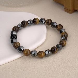 Natural Tiger Eye Obsidian Lava Stone Beaded Bracelet With Faceted Hematite Beads Vintage Unisex Adjustable Bracelet