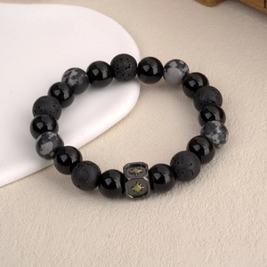 Bracciale in Perline di Pietra Lavica Vulcanica Fatto a Mano per Uomo Pietra Naturale Accenti in Acciaio Inossidabile Vintage Minimalista Regalo Gioielli di Moda