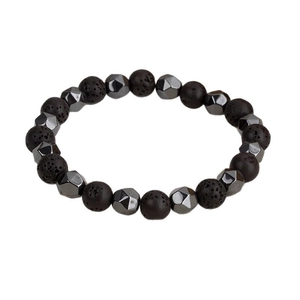 Elastic beaded bracelet featuring natural tiger eye and faceted hematite stones