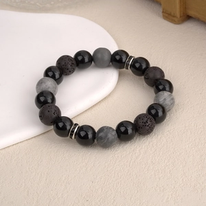 Bracciale da uomo in pietra vulcanica e agata con distanziali in metallo argentato