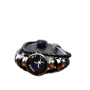 Mehrlagiges Fische-Sternzeichen Armband aus schwarzem Leder mit silbernen Perlen