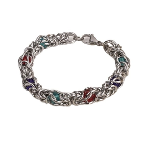 Byzantine stainless steel necklace with red blue green beads and lobster clasp