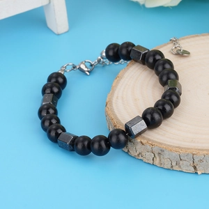 8mm tiger eye and matte black stone beaded bracelet with stainless steel chain