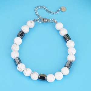 Detail of beaded bracelet with marble stones, magnetic beads and adjustable lobster clasp