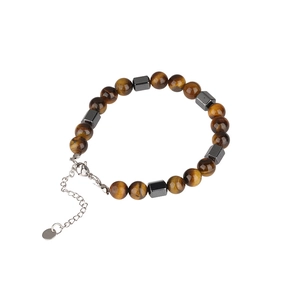 Tiger eye and magnetic hematite beaded bracelet with adjustable stainless steel chain