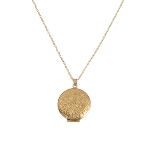 Collar de relicario vintage dorado con colgante de foto redondo y grabado floral fino