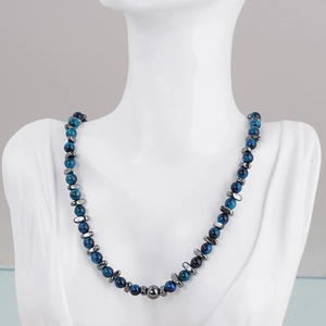 Herenketting van titaniumstaal met blauwe tijgeroogstenen en grijze hematiet kralen