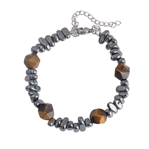 Unisex titanium stalen kralenarmband met tijgeroog stenen en donkergrijze minerale kralen