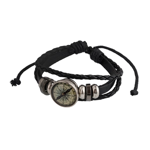 Vintage multilayer black leather woven bracelet with silver compass charm and adjustable cord