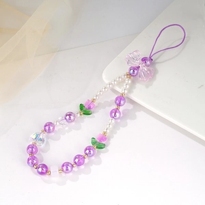 Bijou de téléphone en perles violettes avec perles tulipes et détail de nœud élégant