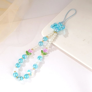Lanière de téléphone en perles avec nœud bleu, tulipe et pendentif cœur en cristal