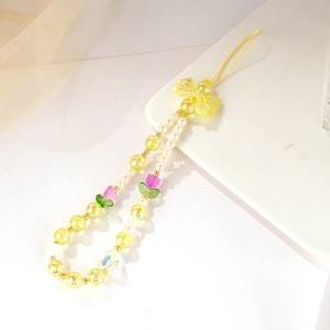 Dragonne de Téléphone Perlée en Résine Fait Main Avec Nœud Papillon et Fleur de Künstliche Perle Cordon de Poignet pour Femmes Filles