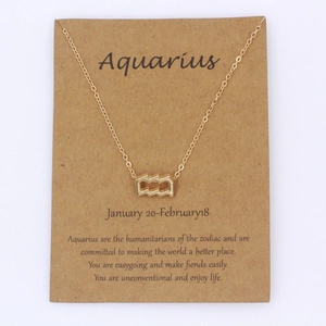 Detalle del collar signo Acuario con colgante dorado y tarjeta de rasgos