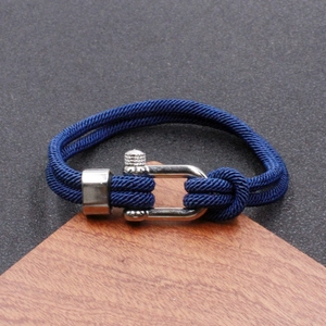 Men's double-layered dark blue braided rope bracelet with stainless steel U-shaped shackle