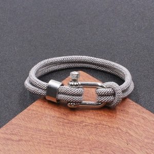 Grey Milan rope bracelet with a silver stainless steel U-shaped shackle for men