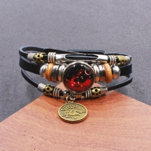 Bracciale zodiacale Vergine multistrato luminoso con cinturini in pelle e grani in legno