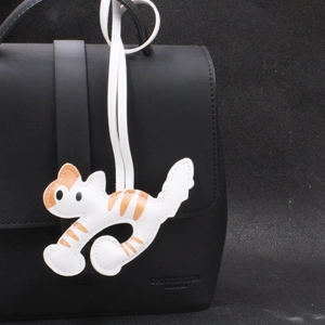 Cute Cat Pattern PU Leather Bag Charm Keychain Handmade Animal Pendant For Handbag Backpack Accessories Jewelry Women Girls