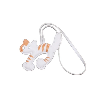 Cute white and orange PU leather cat keychain charm with minimalist stitching and long strap