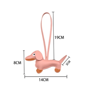 Detailed dimensions of pink leather dachshund dog keychain showing 14cm length and 8cm height
