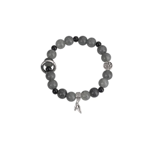 Handmade Chinese style beaded bracelet with natural stone, silver Fu charm and leaf pendant