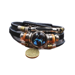 Bracciale multistrato in pelle costellazione Pesci con perle di bronzo e accenti di legno