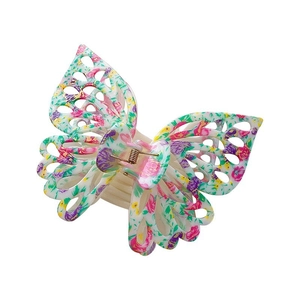 Floral butterfly hair claw clip with colorful print and golden metal spring on white background