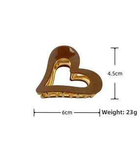 Detailed view of brown acetate heart hair claw clip with dimensions 6cm by 4.5cm
