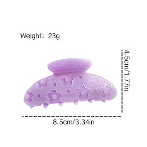 Dimensions détaillées de la pince à cheveux fleurie en acétate violet avec poids et taille