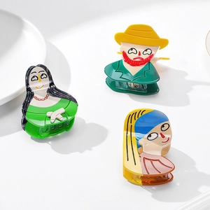 Creative Acetate Hair Claw Clip Famous Painting Art Inspired Van Gogh Mona Lisa Girl Artificial Pearl Earring Hair Catch Accessory