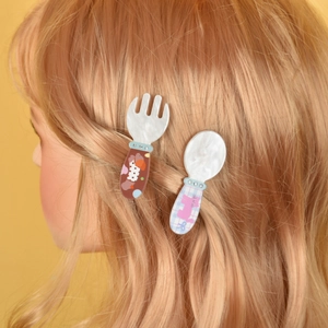 Simpatici fermagli per capelli a cucchiaio e forchetta con gatto e strass lucidi
