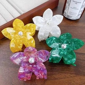 Acetaat Bloem Haarklemmen Met Imitatieparel Marmeren Textuur Grote Haarkrabben Zoete Koreaanse Stijl Haarspeld Voor Vrouwen Feest Dagelijks Haaraccessoires